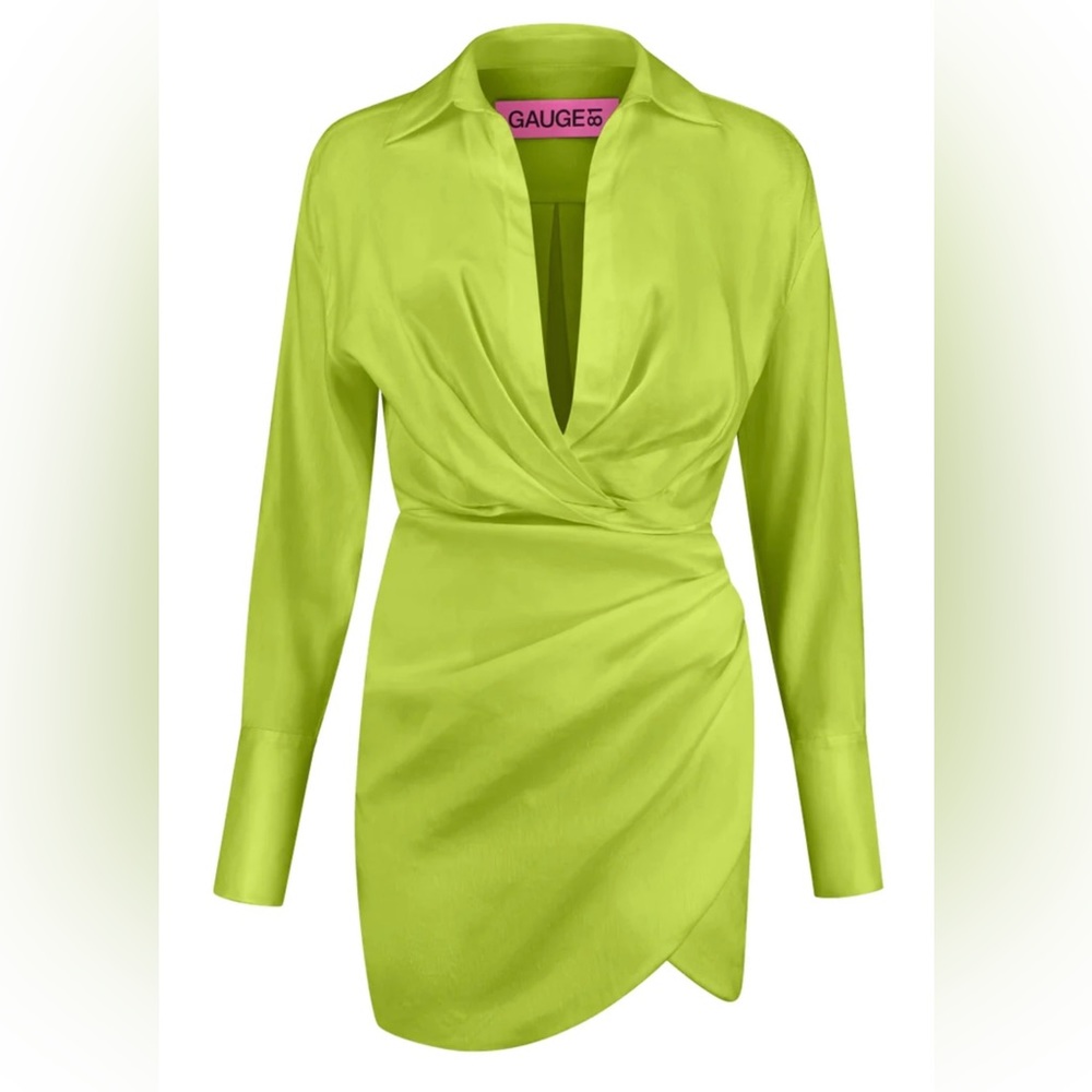 Gauge81 NAHA linen mini dress features a plunging neckline, asymmetric hemline